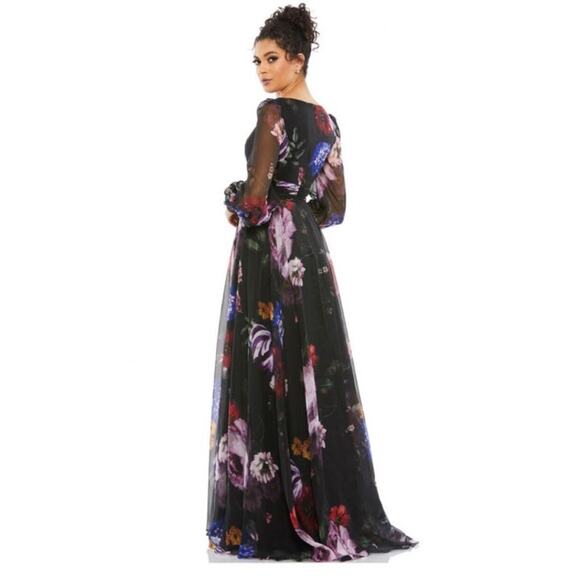 Mac Duggal NEW Sz 6 67872 Black Floral Chiffon Bishop Sleeve Floral Print Dress - Picture 3 of 9